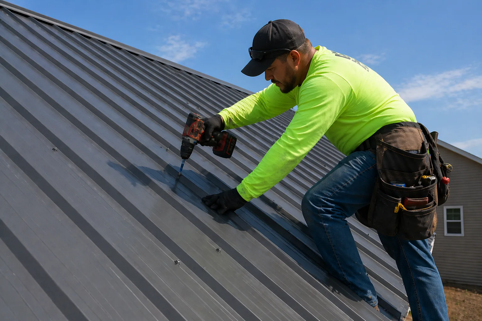 Roofing contractor on a metal roof in Adelaide — Lead Flux specialises in lead generation and follow-up systems for roofing businesses