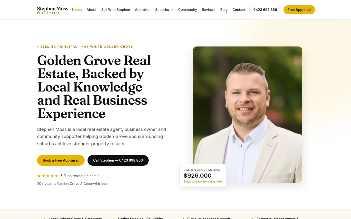 stephenmossrealestate.com.au — Golden Grove real estate agent personal authority site